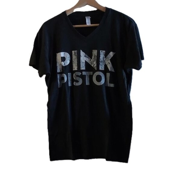 Graphic PIMATEE Pima Cotton V-Neck Short Sleeve T-shirt Top, "PINK PISTOL", M - Picture 4 of 15